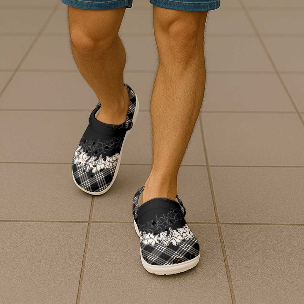 Hawaii Aloha Plumeria Lei Black Palaka Clogs Shoes - Polynesian Pride