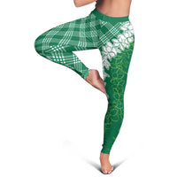 Hawaii Aloha Plumeria Lei Green Palaka Leggings - Polynesian Pride