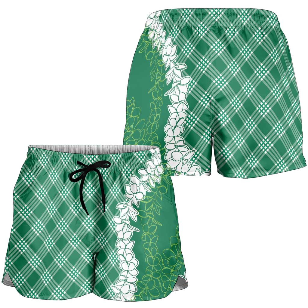 Hawaii Aloha Plumeria Lei Green Palaka Shorts for Women - Polynesian Pride