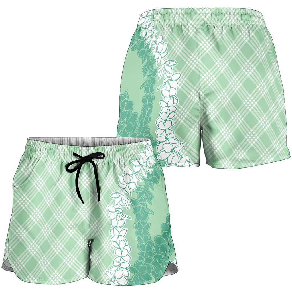 Hawaii Aloha Plumeria Lei Mint Palaka Shorts for Women - Polynesian Pride