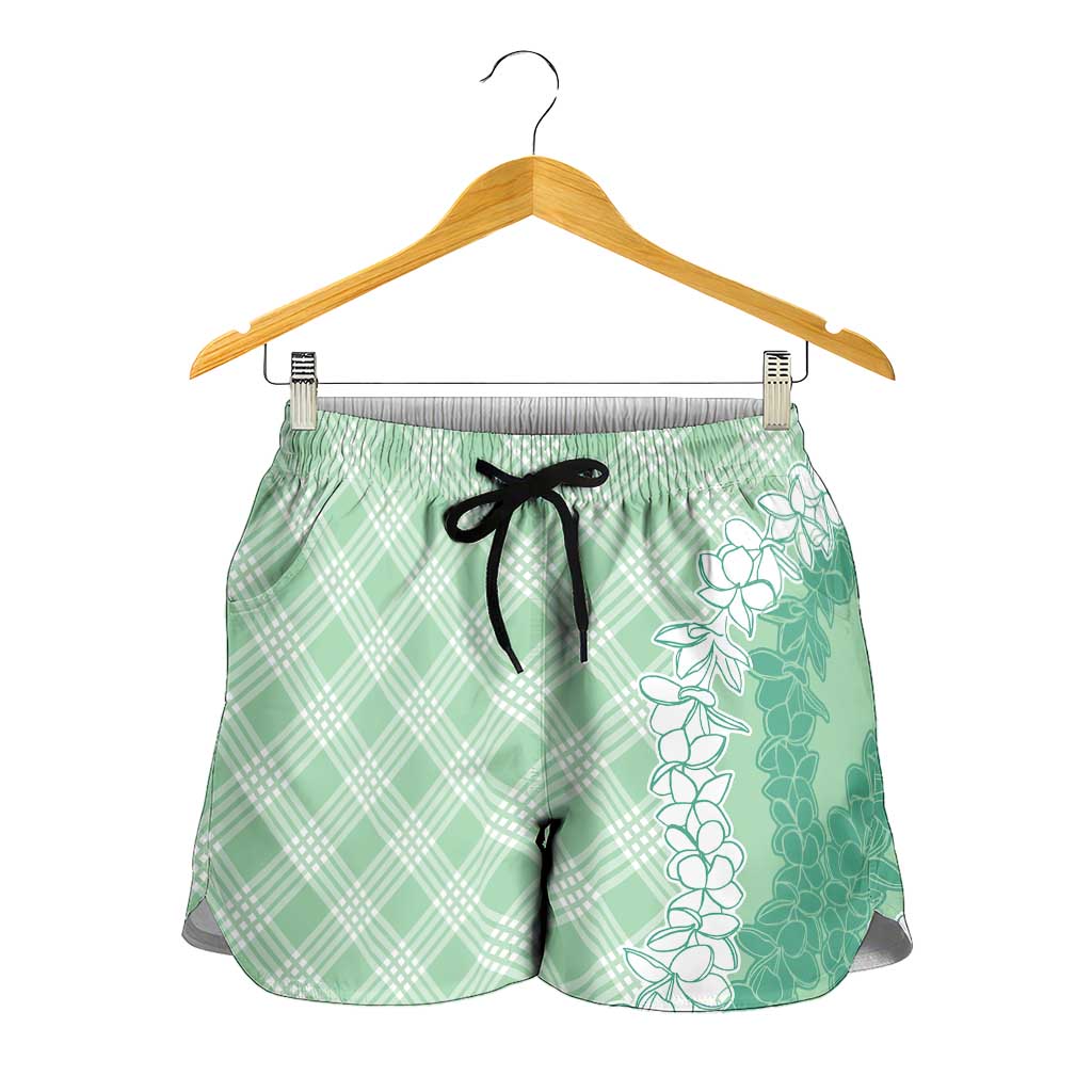Hawaii Aloha Plumeria Lei Mint Palaka Shorts for Women - Polynesian Pride