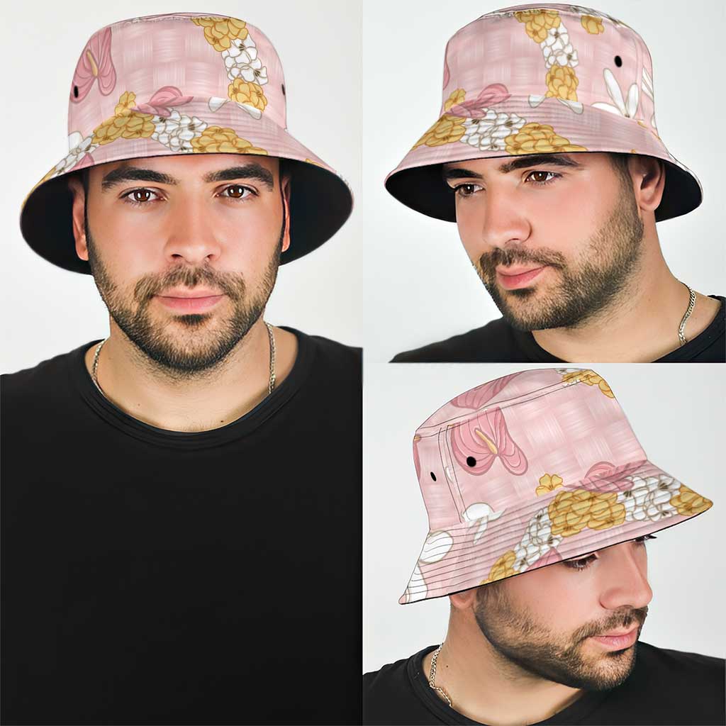 Hawaii Anthurium Tiare Pikake Lei Bucket Hat Akala Lauhala Art Pattern LT01 - Polynesian Pride