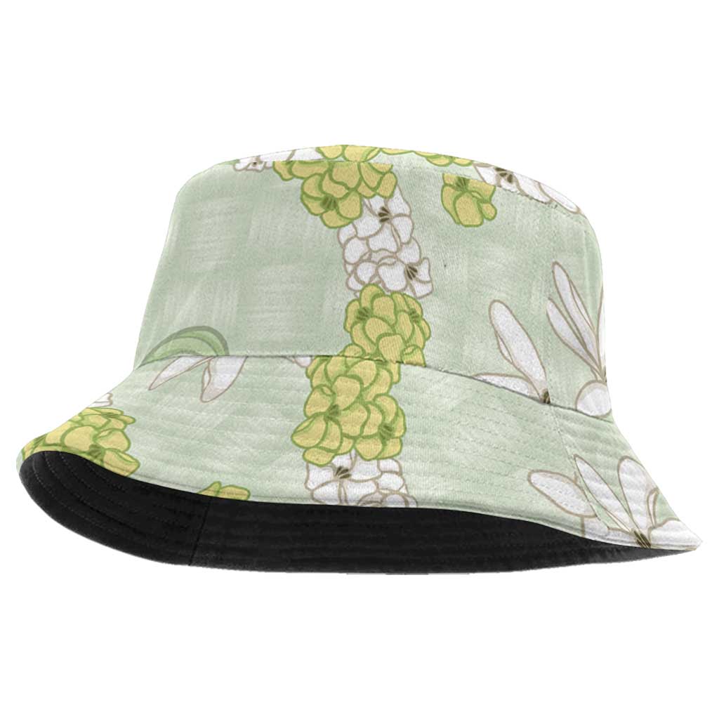 Hawaii Anthurium Tiare Pikake Lei Bucket Hat Sage Green Lauhala Art Pattern