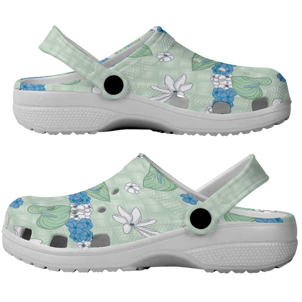 Hawaii Anthurium Tiare Pikake Lei Clogs Shoes Omaomao Lauhala Art Pattern