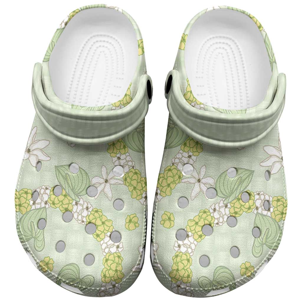 Hawaii Anthurium Tiare Pikake Lei Clogs Shoes Sage Green Lauhala Art Pattern