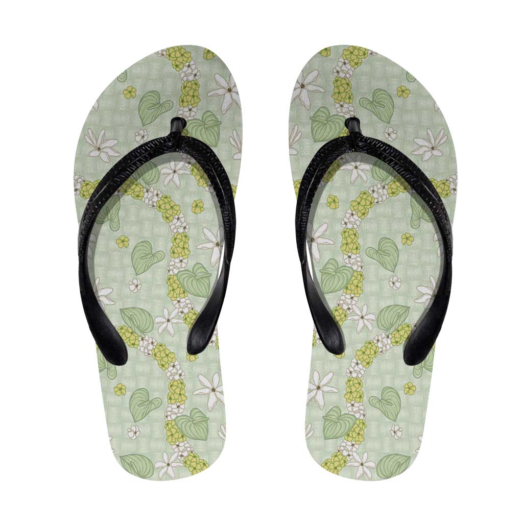Hawaii Anthurium Tiare Pikake Lei Flip Flops Sage Green Lauhala Art Pattern