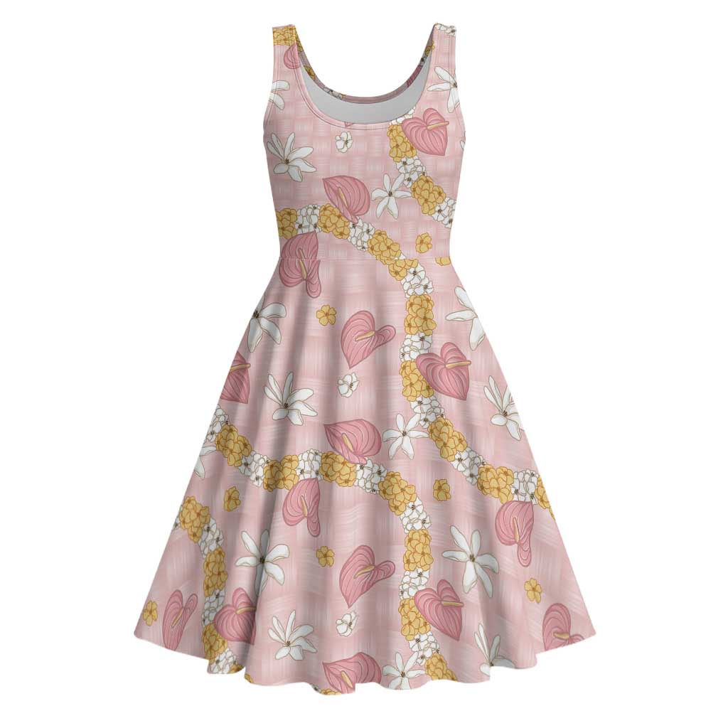 Hawaii Anthurium Tiare Pikake Lei Midi Dress Akala Lauhala Art Pattern LT01 Pink - Polynesian Pride