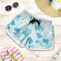 Hawaii Anthurium Tiare Pikake Lei Shorts for Women UliUli Lauhala Art Pattern LT01 Blue - Polynesian Pride