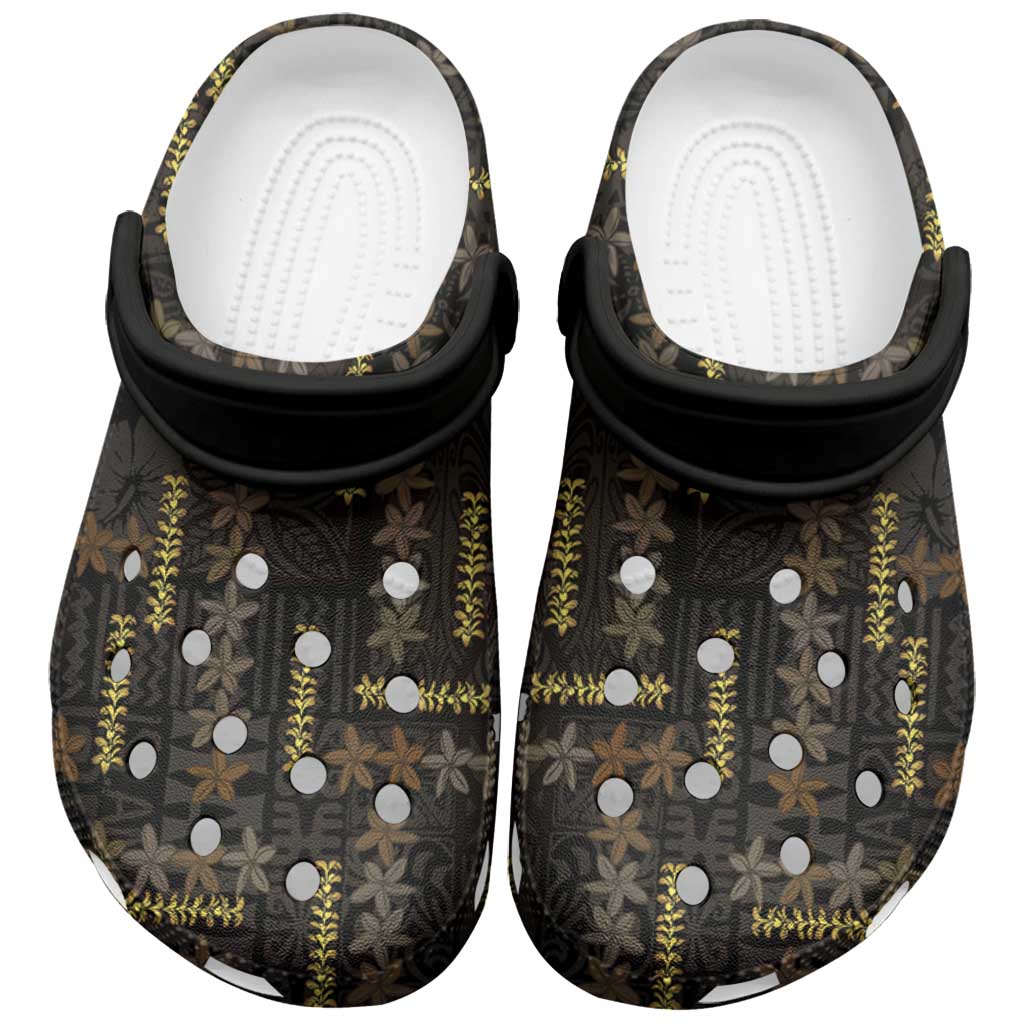 Hawaii Brown Plumeria Lei Black Clogs Shoes Frangipani Floral Heritage Art