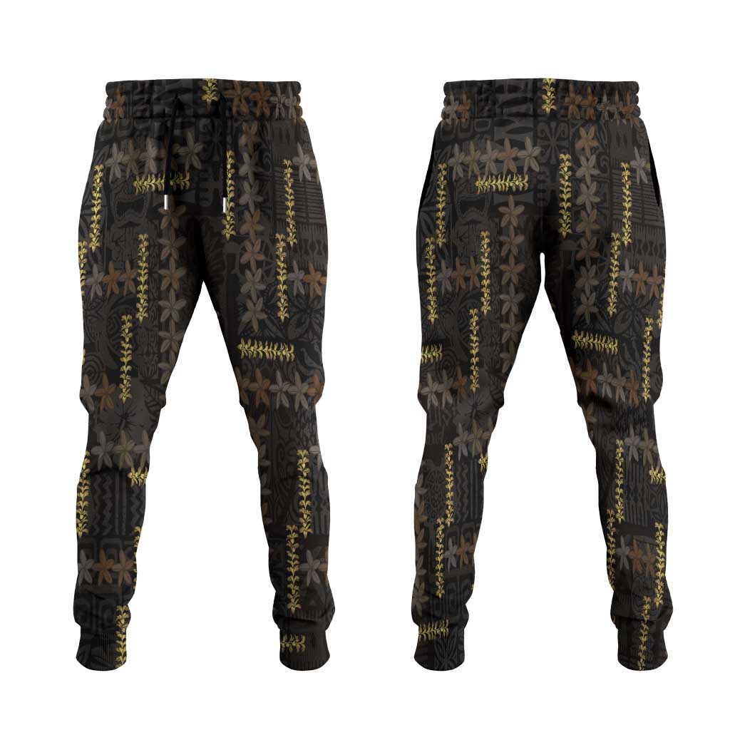 Hawaii Brown Plumeria Lei Black Jogger Pants Frangipani Floral Heritage Art LT01 Black - Polynesian Pride