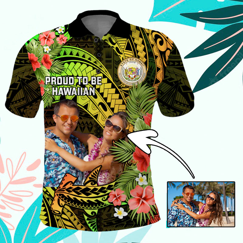 Custom Photo Polynesian Countries Polo Shirt Flowers Hammerhead Shark With Coat of Arms CTM14 Reggae - Polynesian Pride