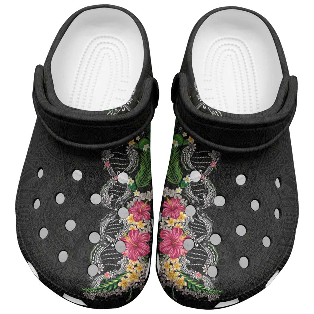 Hawaii DNA Kakau Tattoo Clogs Shoes with Plumeria and Hibiscus Tropical Plants Black Color