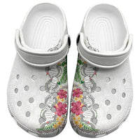 Hawaii DNA Kakau Tattoo Clogs Shoes with Plumeria and Hibiscus Tropical Plants White Color