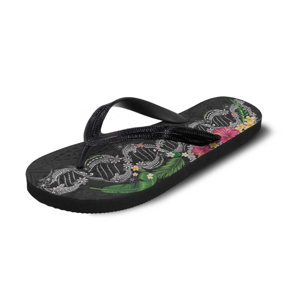 Hawaii DNA Kakau Tattoo Flip Flops with Plumeria and Hibiscus Tropical Plants Black Color