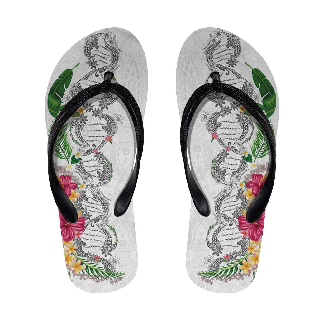Hawaii DNA Kakau Tattoo Flip Flops with Plumeria and Hibiscus Tropical Plants White Color