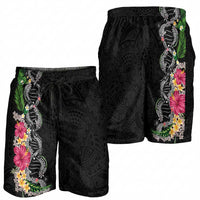 Hawaii DNA Kakau Tattoo Shorts for Men with Plumeria and Hibiscus Tropical Plants Black Color