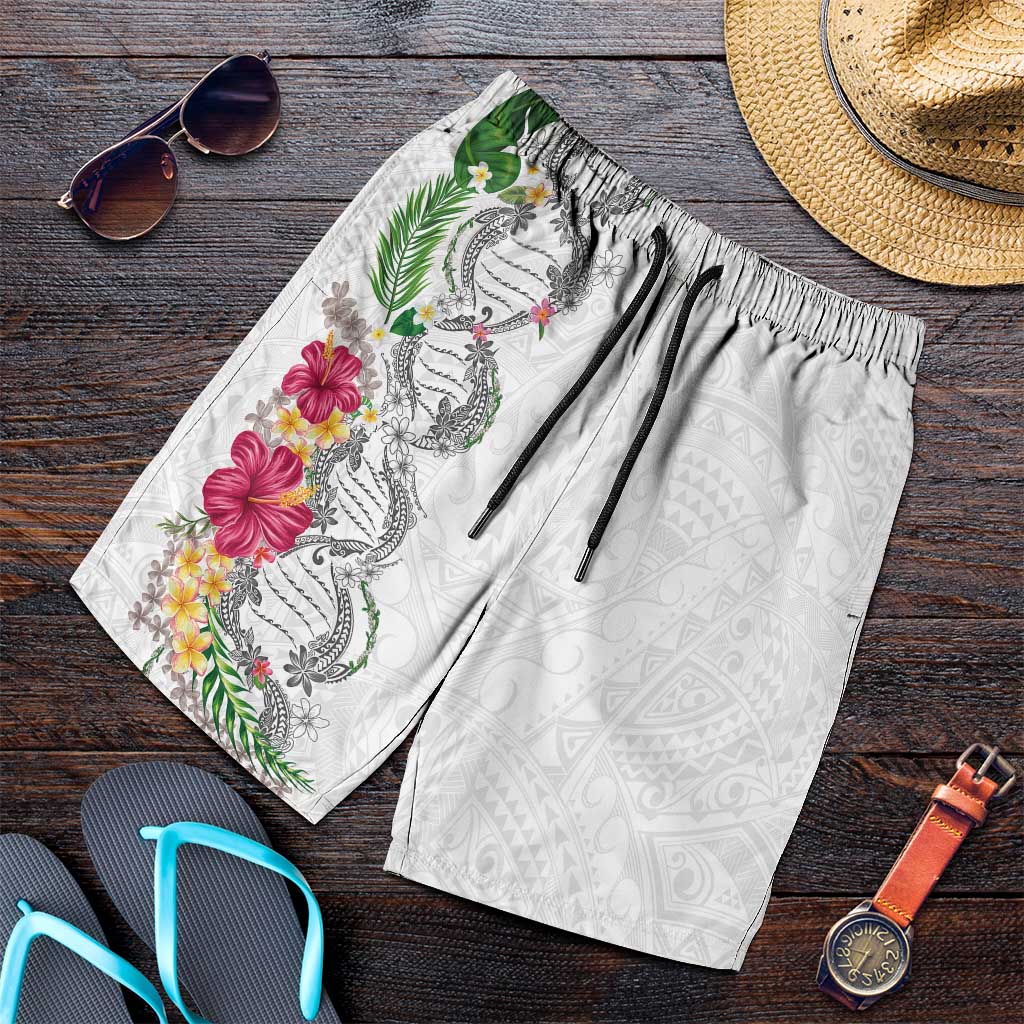 Hawaii DNA Kakau Tattoo Shorts for Men with Plumeria and Hibiscus Tropical Plants White Color