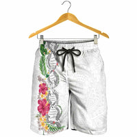 Hawaii DNA Kakau Tattoo Shorts for Men with Plumeria and Hibiscus Tropical Plants White Color