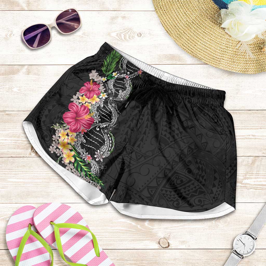 Hawaii DNA Kakau Tattoo Shorts for Women with Plumeria and Hibiscus Tropical Plants Black Color