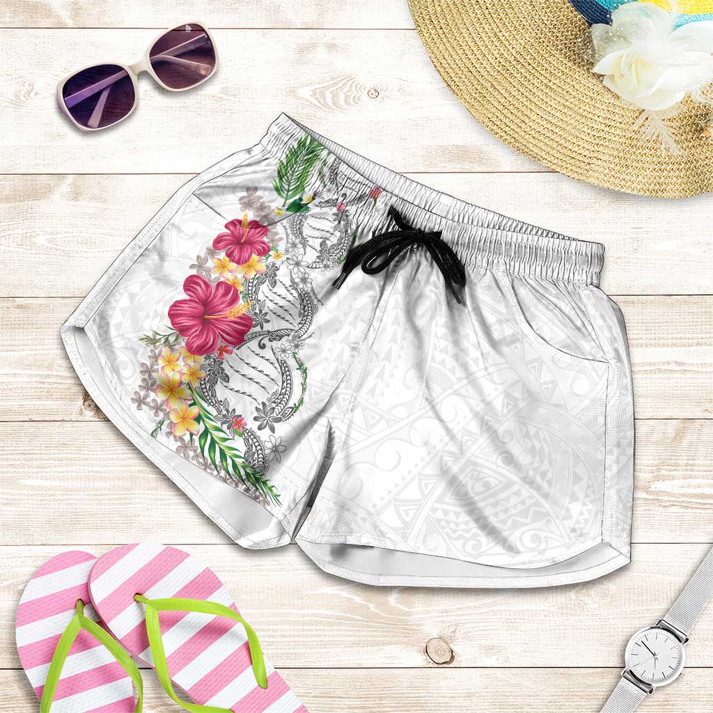 Hawaii DNA Kakau Tattoo Shorts for Women with Plumeria and Hibiscus Tropical Plants White Color