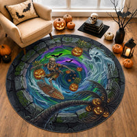 Hawaii Ghost Surfing Skull 3D Illusion Halloween Round Carpet