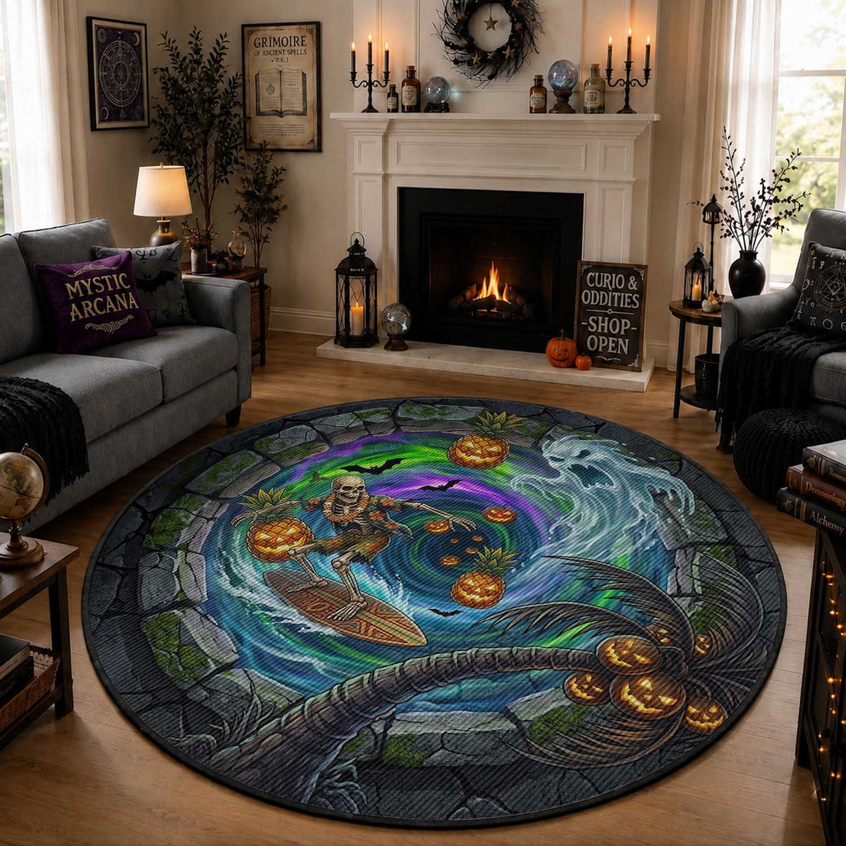 Hawaii Ghost Surfing Skull 3D Illusion Halloween Round Carpet