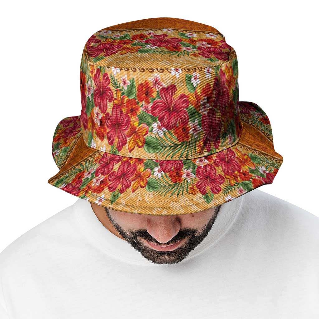 Hawaii Hibiscus Bucket Hat Turtles Tribal Motifs Vintage Floral Style LT03