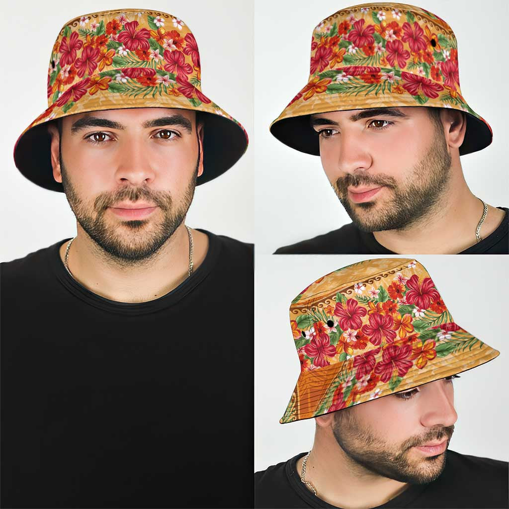 Hawaii Hibiscus Bucket Hat Turtles Tribal Motifs Vintage Floral Style LT03