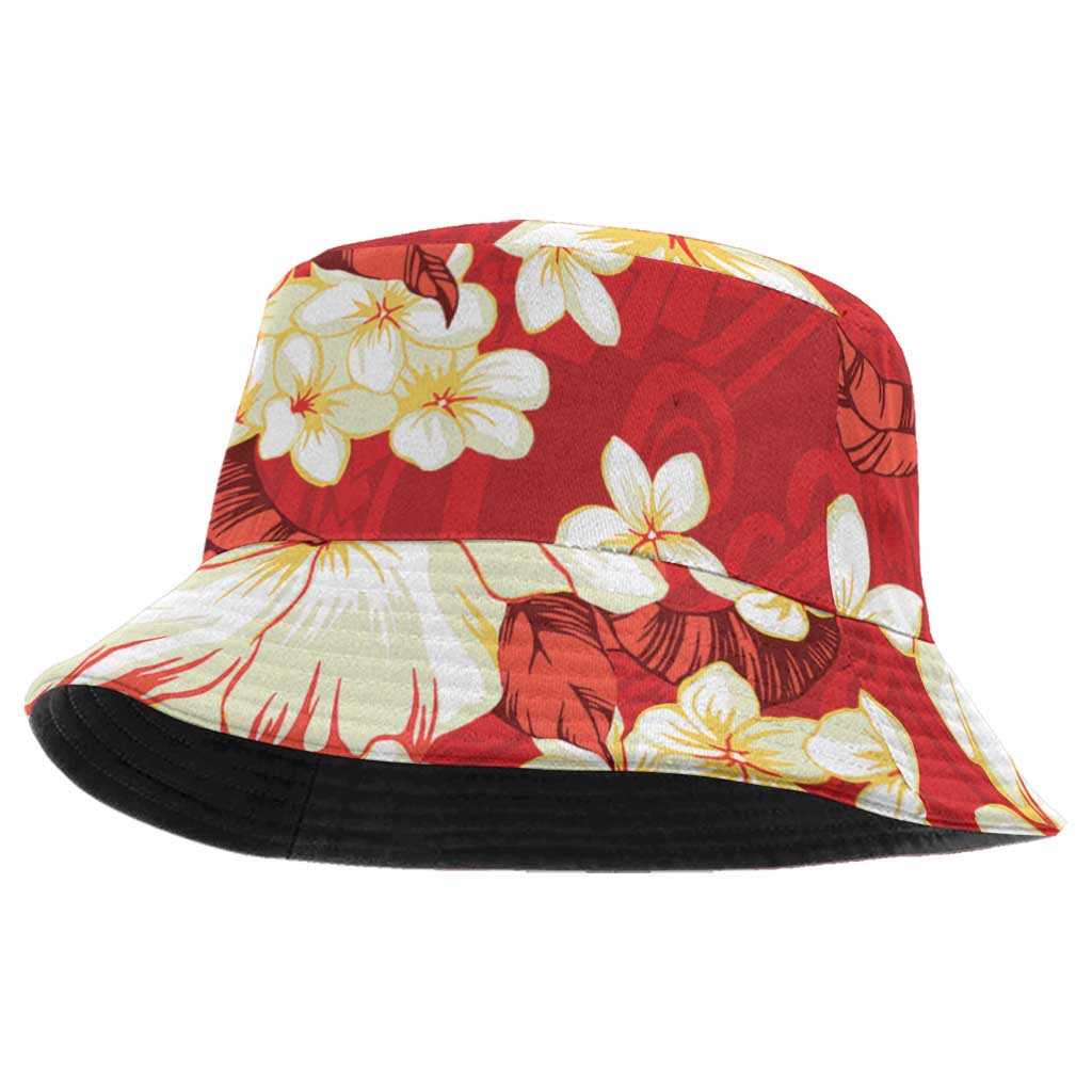 Hawaii Hibiscus Plumeria Red Bucket Hat Polynesian Pattern