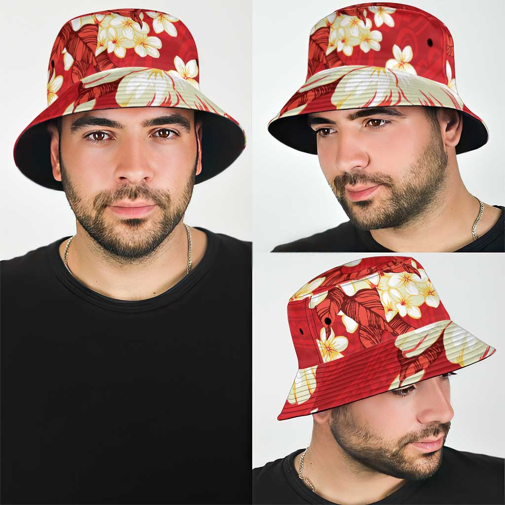 Hawaii Hibiscus Plumeria Red Bucket Hat Polynesian Pattern