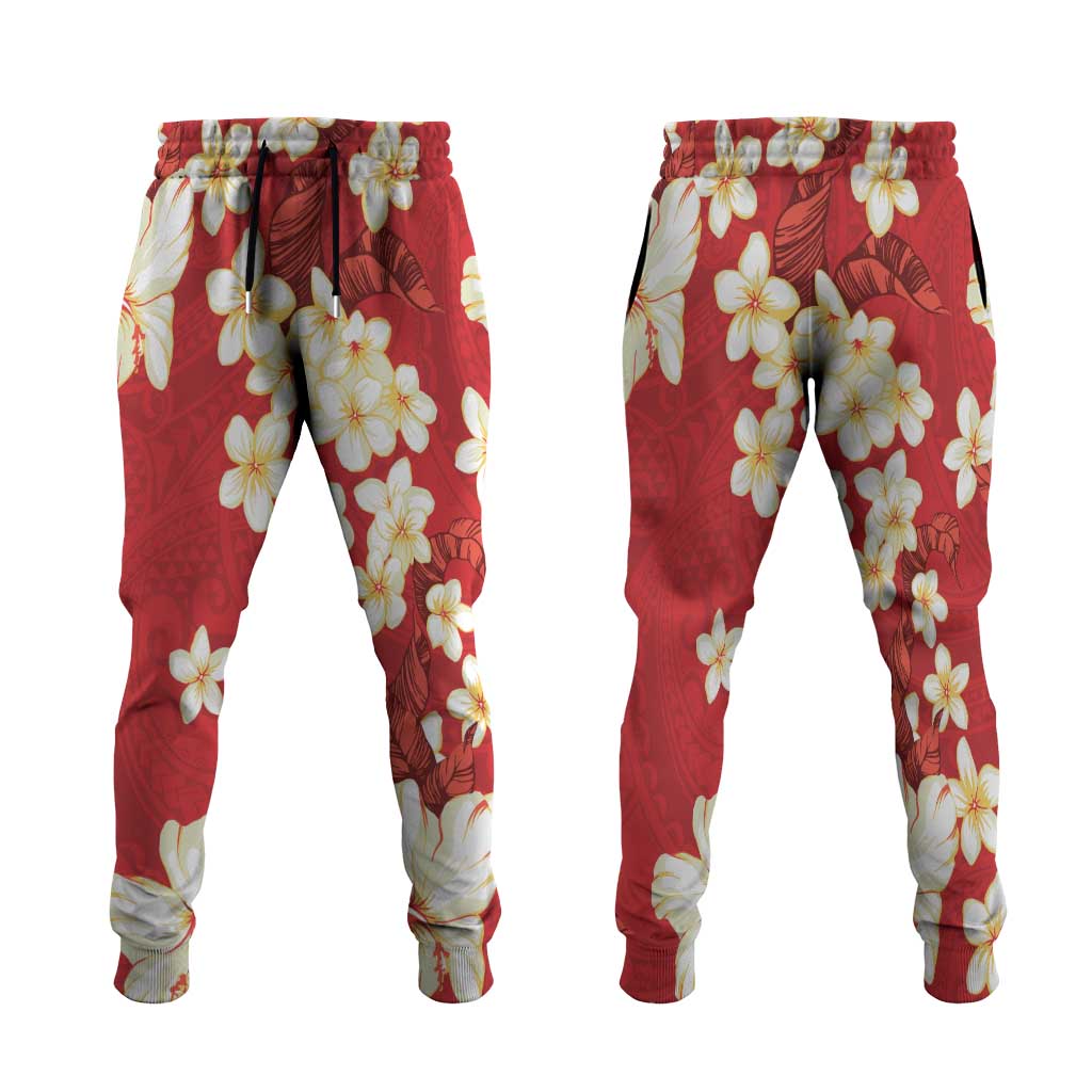 Hawaii Hibiscus Plumeria Red Jogger Pants Polynesian Pattern