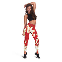 Hawaii Hibiscus Plumeria Red Leggings Polynesian Pattern