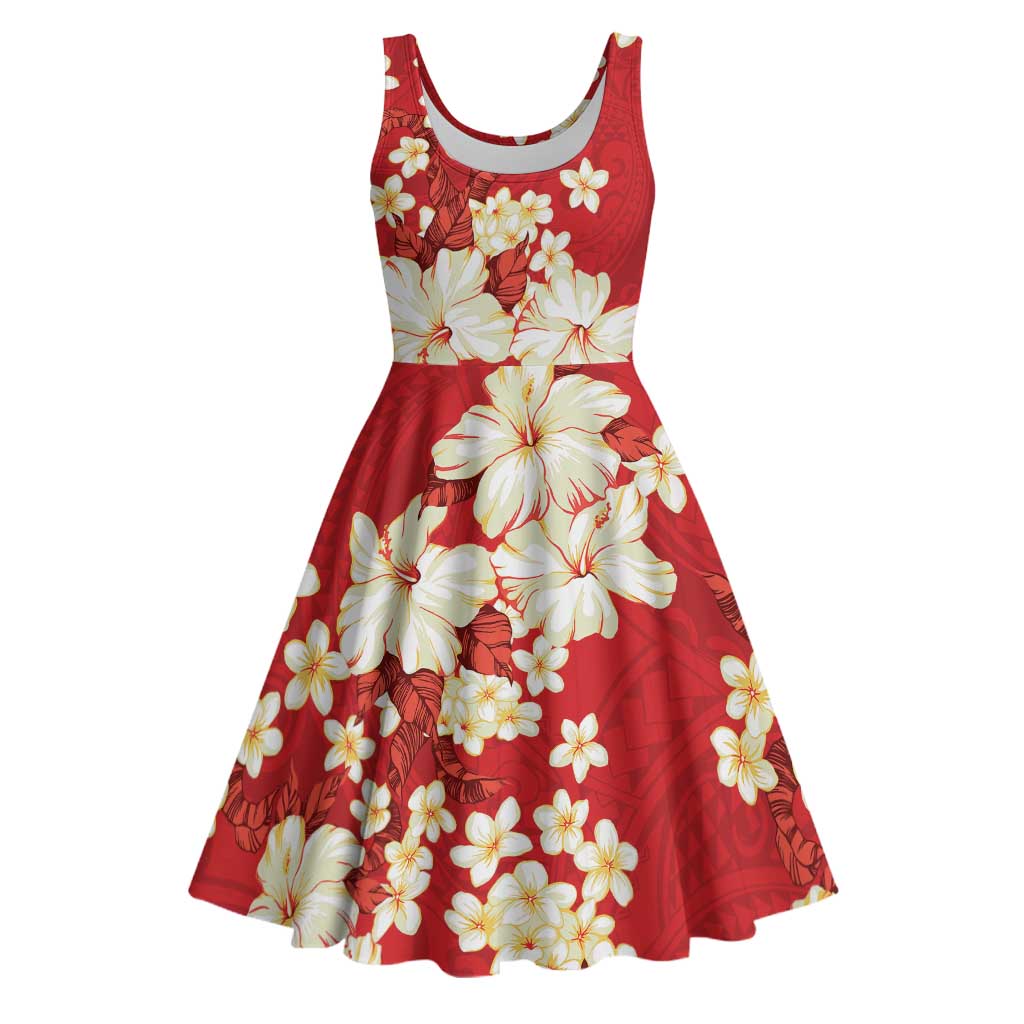 Hawaii Hibiscus Plumeria Red Midi Dress Polynesian Pattern