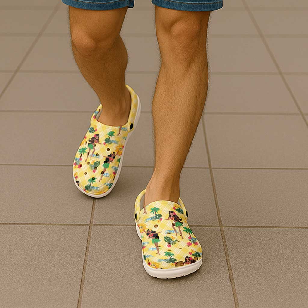Hawaii Hula Girl Tropical Clogs Shoes Yellow Palaka