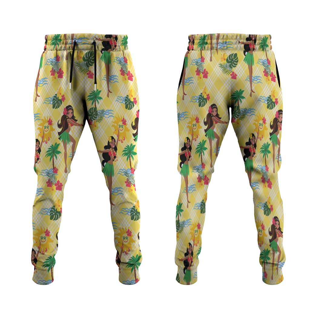 Hawaii Hula Girl Tropical Jogger Pants Yellow Palaka