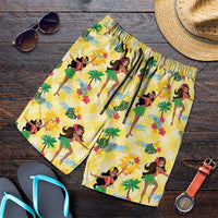 Hawaii Hula Girl Tropical Shorts for Men Yellow Palaka