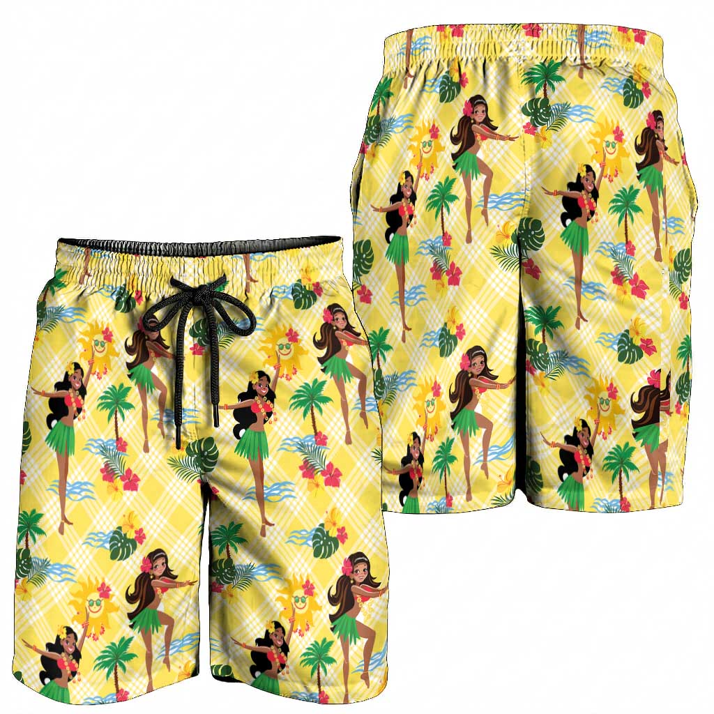 Hawaii Hula Girl Tropical Shorts for Men Yellow Palaka