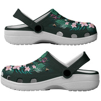 Hawaii Hummingbird Tropical Flowers Clogs Shoes Dark Green
