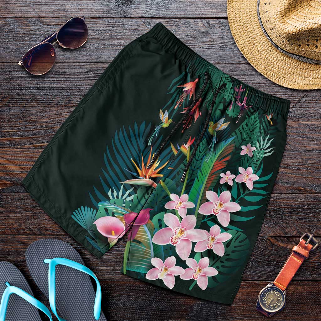 Hawaii Hummingbird Tropical Flowers Shorts for Men Dark Green