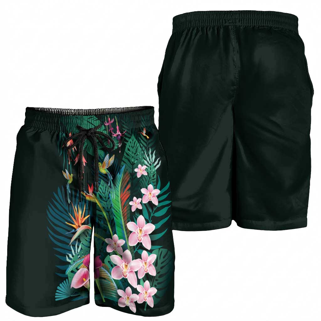 Hawaii Hummingbird Tropical Flowers Shorts for Men Dark Green