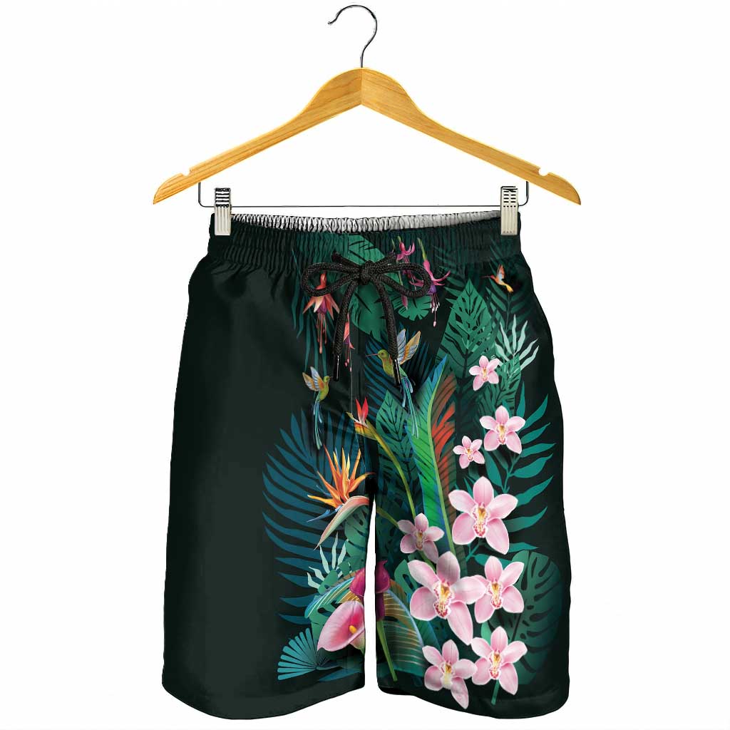 Hawaii Hummingbird Tropical Flowers Shorts for Men Dark Green