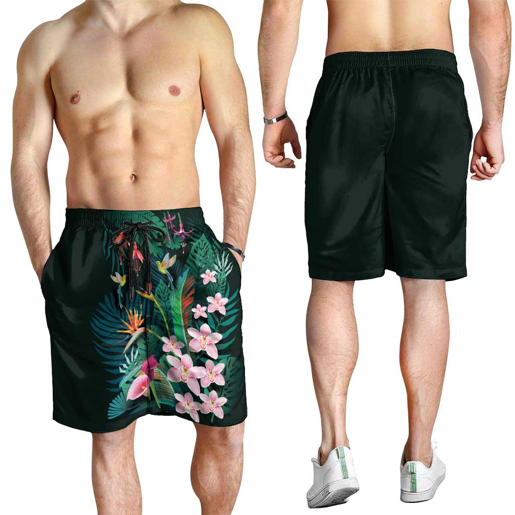 Hawaii Hummingbird Tropical Flowers Shorts for Men Dark Green