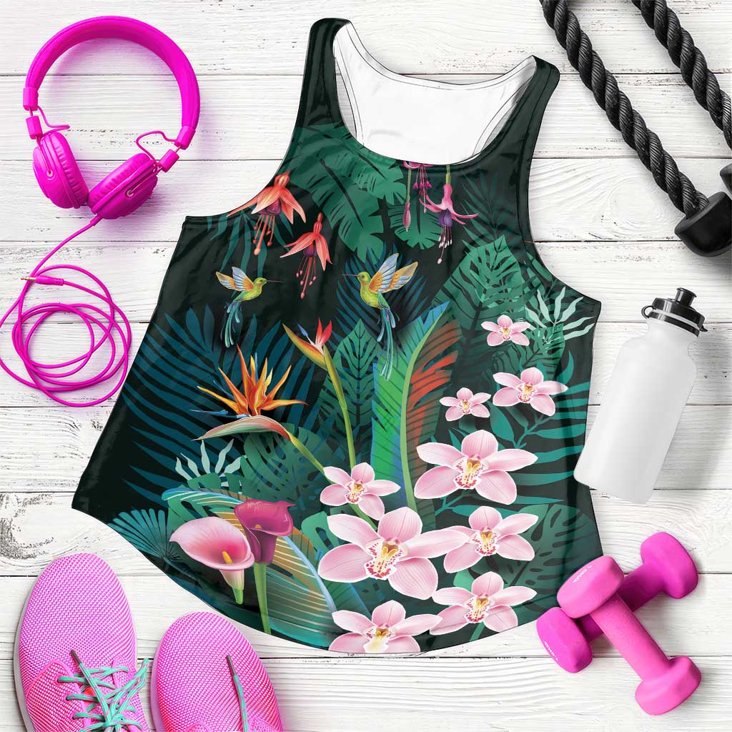 Hawaii Hummingbird Tropical Flowers Women Racerback Tank Dark Green