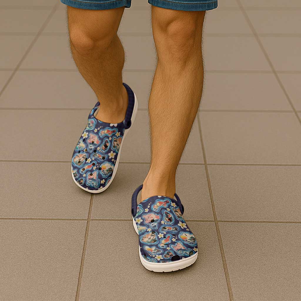 Hawaii Islands Map Design with Japanese Landscape Clogs Shoes Hawaiian Japan Fusion Art Navy Color LT03 - Polynesian Pride