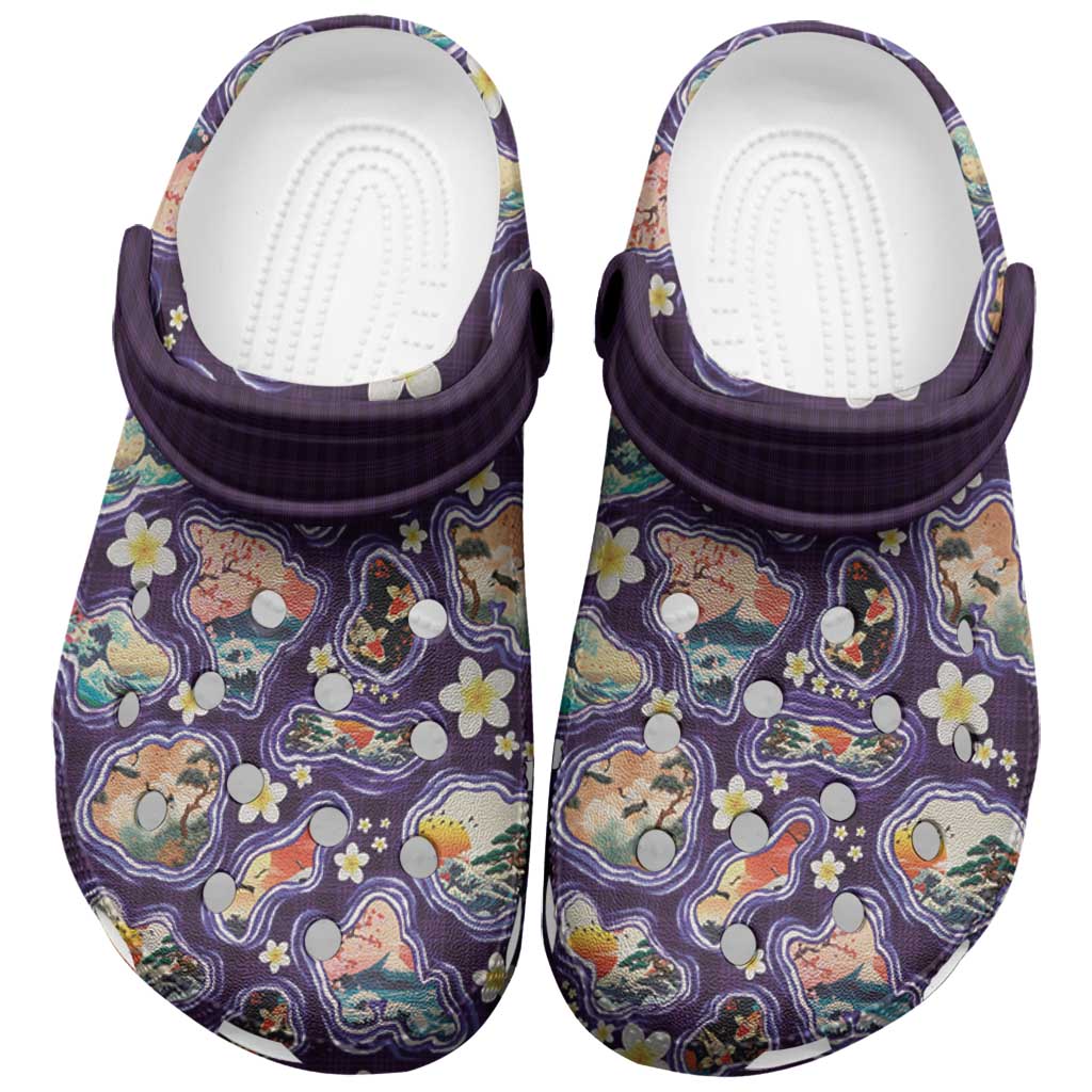 Hawaii Islands Map Design with Japanese Landscape Clogs Shoes Hawaiian Japan Fusion Art Purple Color LT03 Purple - Polynesian Pride