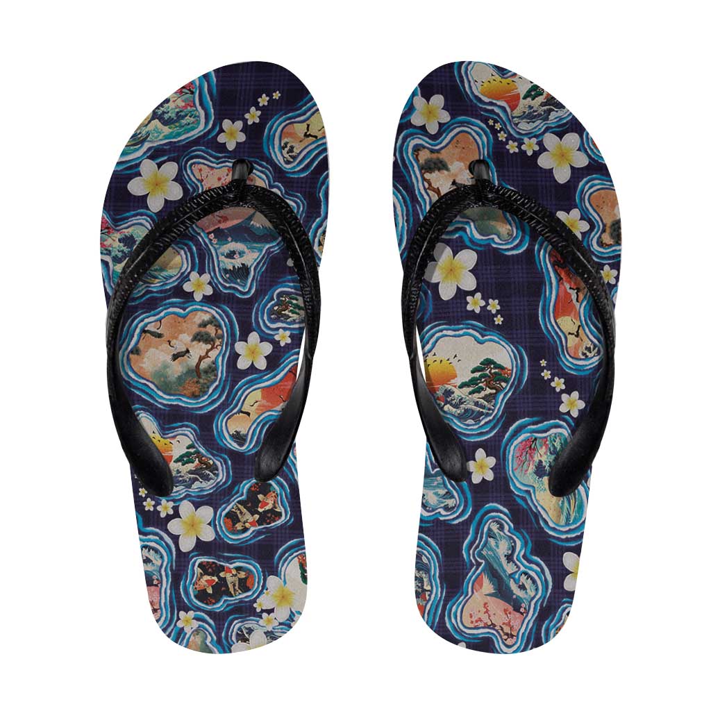 Hawaii Islands Map Design with Japanese Landscape Flip Flops Hawaiian Japan Fusion Art Navy Color LT03 Navy - Polynesian Pride