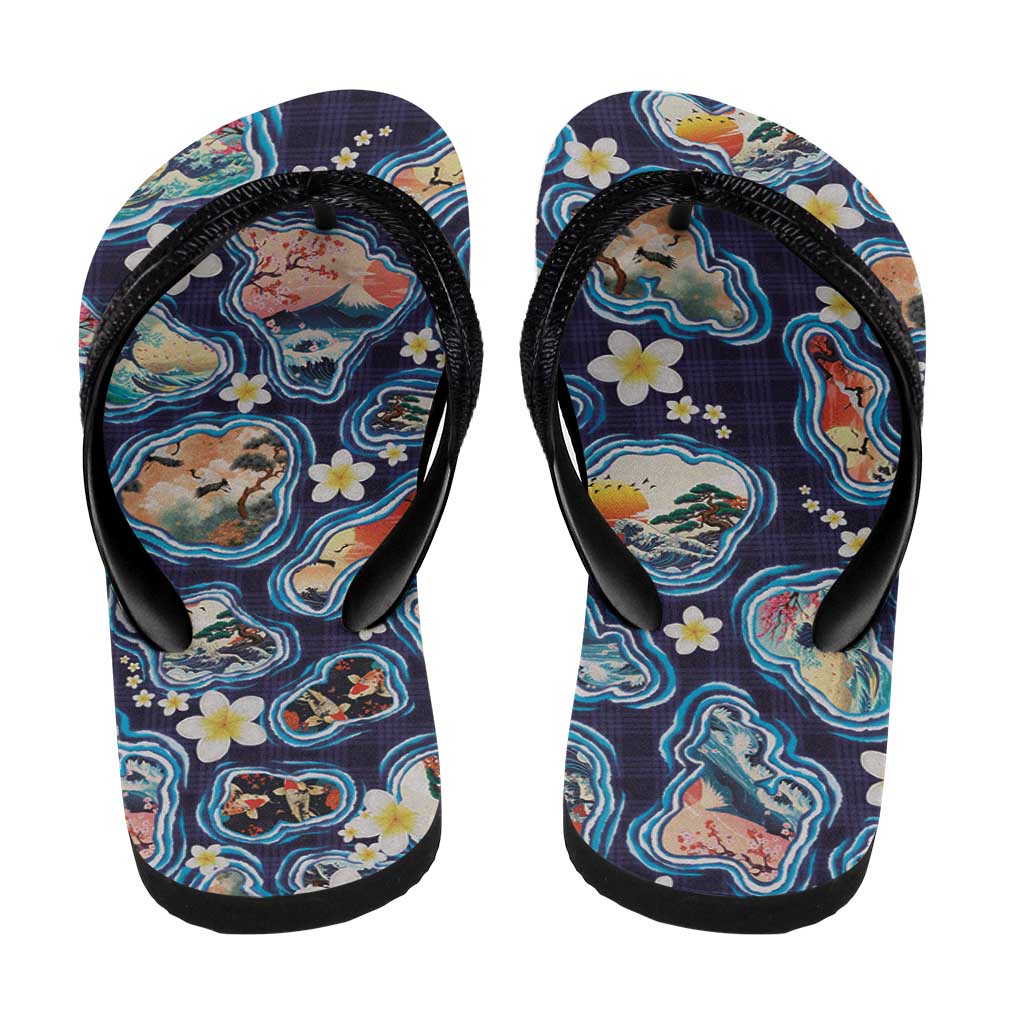 Hawaii Islands Map Design with Japanese Landscape Flip Flops Hawaiian Japan Fusion Art Navy Color LT03 - Polynesian Pride