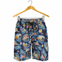 Hawaii Islands Map Design with Japanese Landscape Shorts for Men Hawaiian Japan Fusion Art Navy Color LT03 - Polynesian Pride