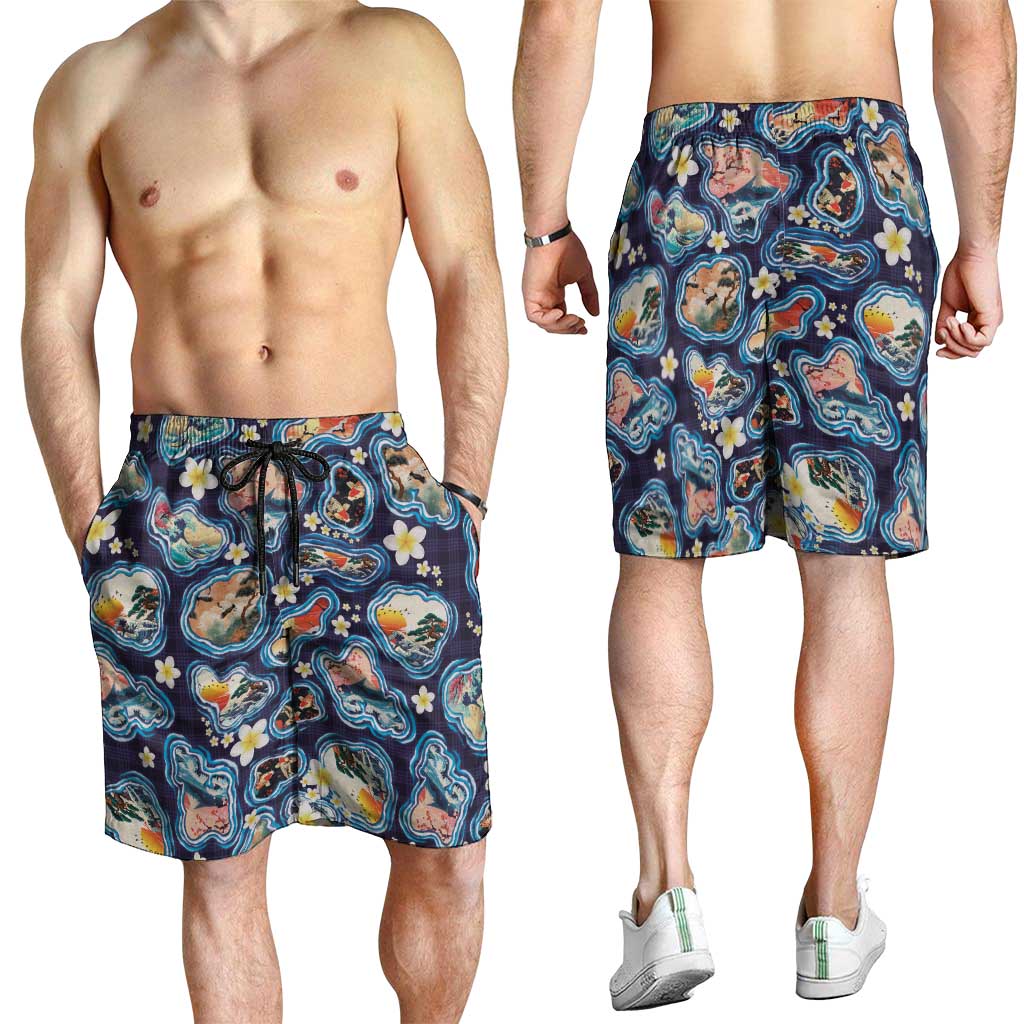Hawaii Islands Map Design with Japanese Landscape Shorts for Men Hawaiian Japan Fusion Art Navy Color LT03 - Polynesian Pride