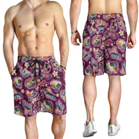 Hawaii Islands Map Design with Japanese Landscape Shorts for Men Hawaiian Japan Fusion Art Pink Color LT03 - Polynesian Pride